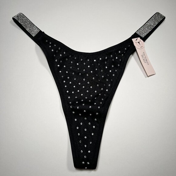 Victoria Secret Large L Thong String Bikini Bottom All Over Shine Strap Black - Picture 1 of 5